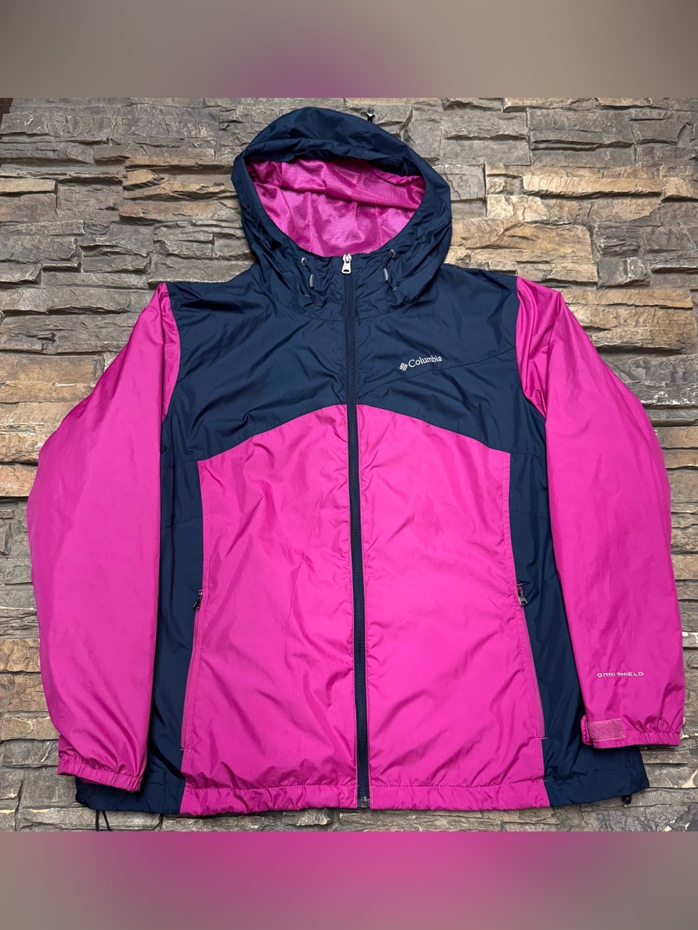 Columbia Omni-Shield Hooded Windbreaker Jacket Women 1X XL Lightweight Pink Blue